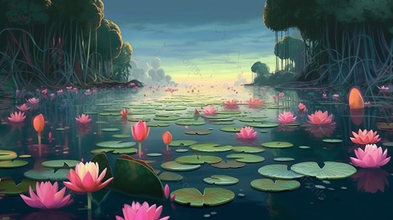 夏至唯美池塘里的荷叶荷花插画手绘背景,插画/手绘图,插画/手绘图库,插画/手绘图下载,插画/手绘